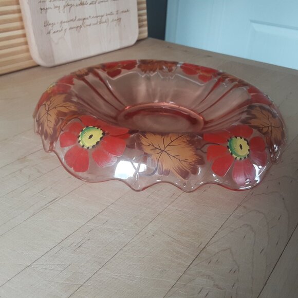 Pink Depression Glass Rolled Edge Console Bowl. Handpainted Flowers & Leaves - Picture 5 of 5